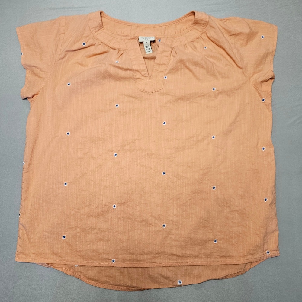 St Johns Bay Blouse‎ Womens XL Peach Embroidered AOP Daisy Floral Cap Sleeve Top